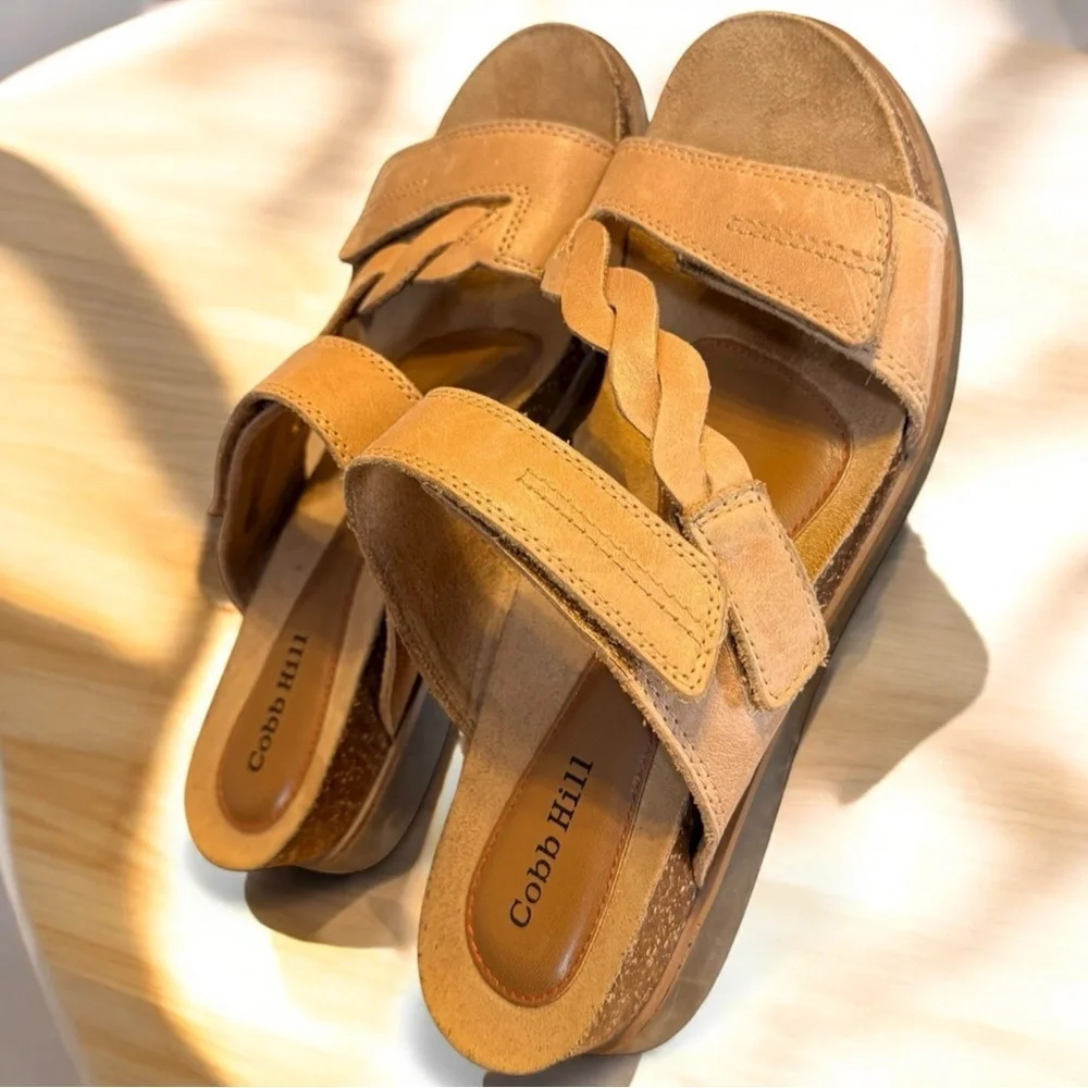 Cobb Hill Women’s Neutral Tan Leather Slide In Hook Loop Closure Comfort Sandals